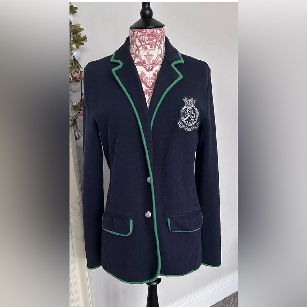 Lauren Ralph Lauren Navy Knit Green Trim Embroidered Blazer Crested Size XL